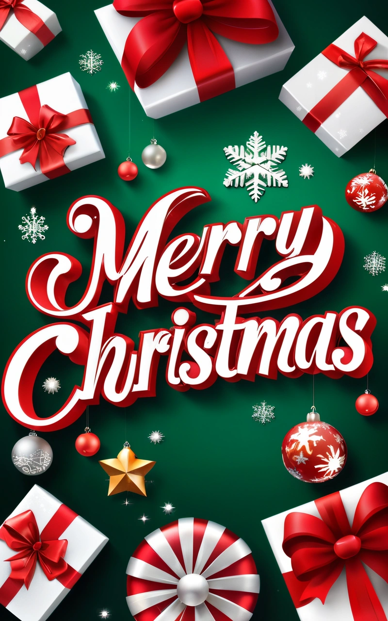A Merry Christmas message surrounded by presents and ornaments on a green background with snowflakes and stars and snowflakes on the bottom, plain background, computer graphics, naive art