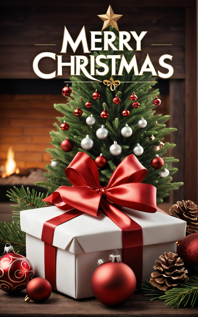 A Christmas tree with a red bow and a white present box with a red ribbon and a red bow on it, with a fireplace in the background, promotional image, a digital rendering, american barbizon school