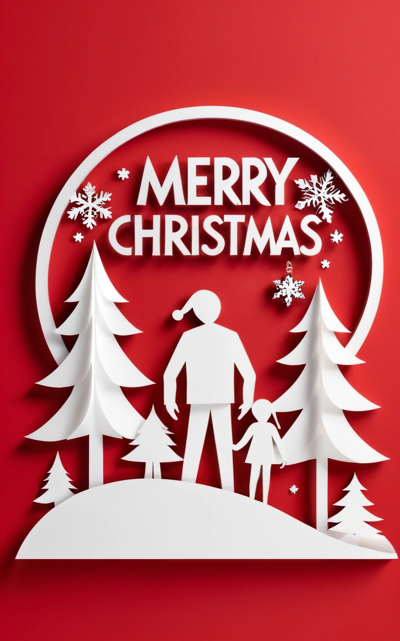 A paper cut of a man and a child in a Christmas scene with a Merry Christmas message on the bottom of the cutout, and a red background, paper texture, a poster, folk art