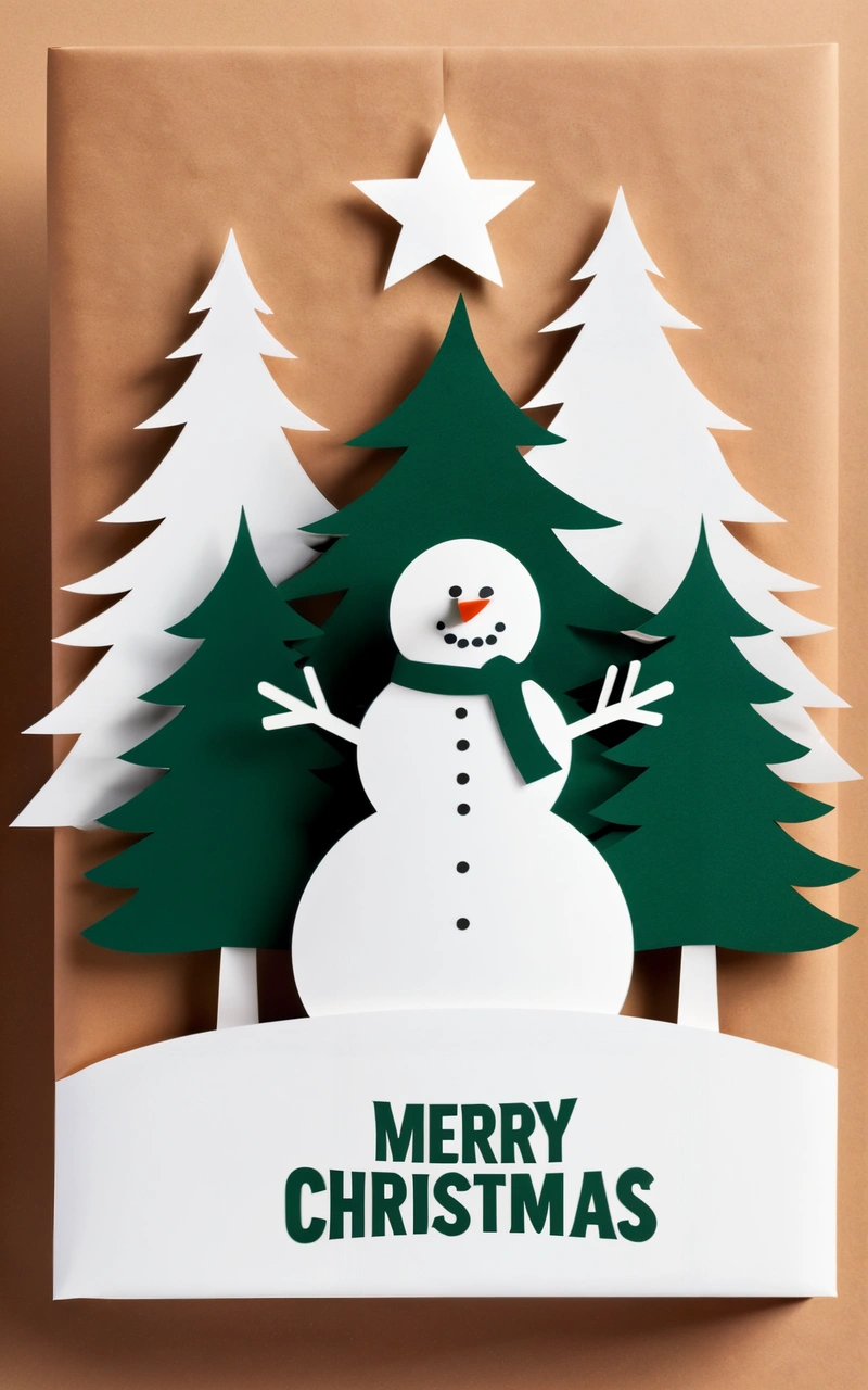 A paper cut out of a snowman with trees on it and a Merry Christmas message below it on a brown background with a white star, paper texture, a 3d render, folk art