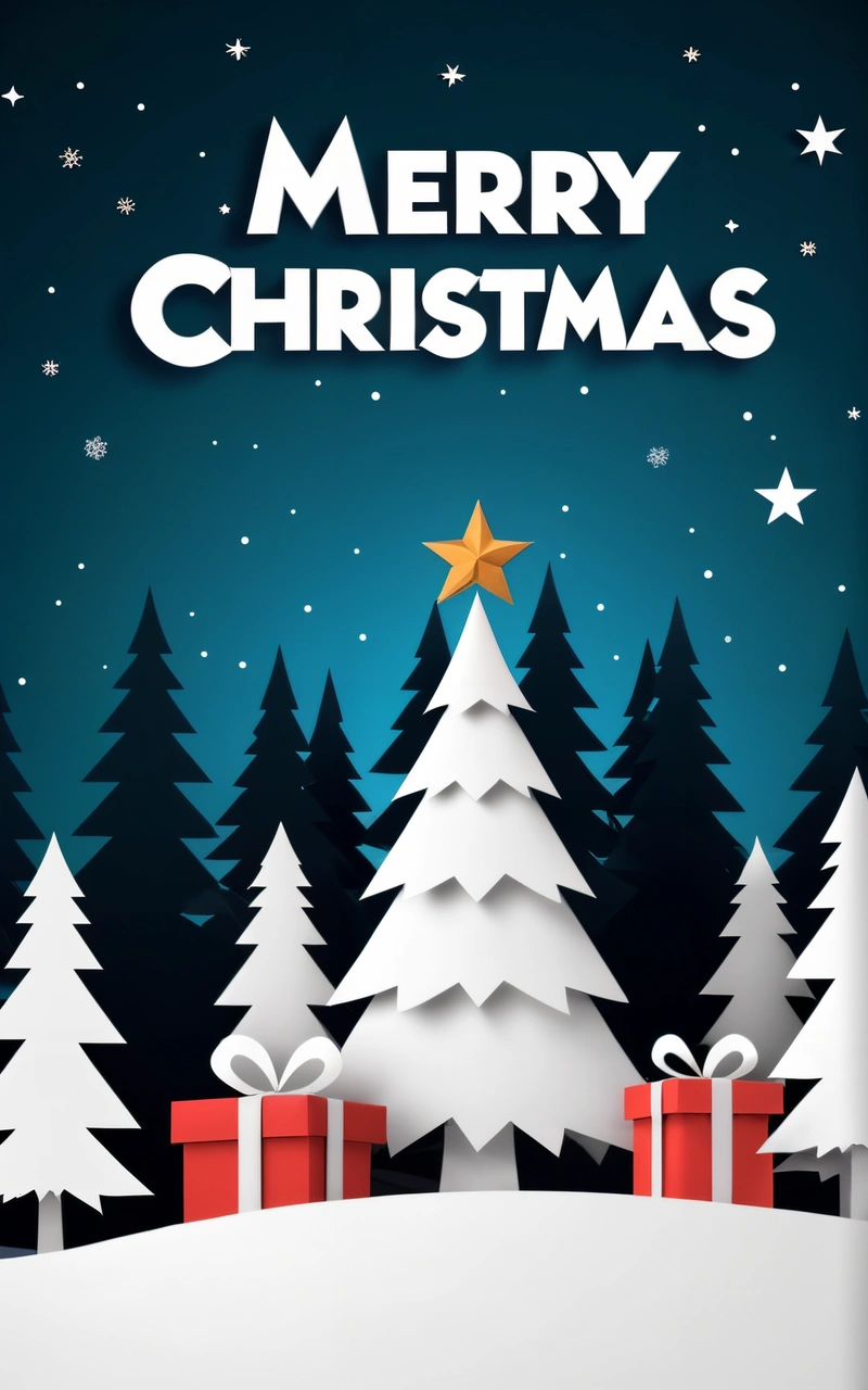 A Christmas card with a tree and presents in the snow with a star on top of it and a Merry Christmas message below it that reads,, poster, a poster, naive art