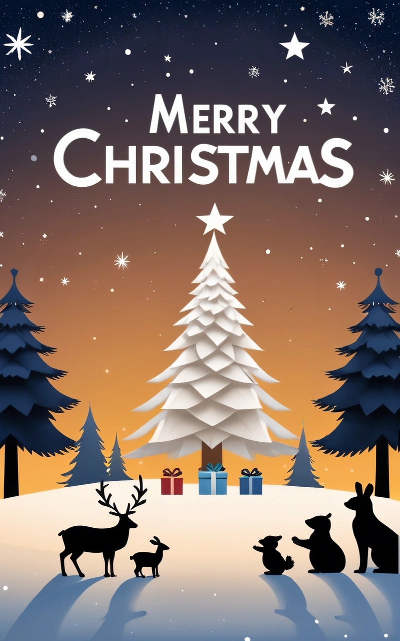 A Christmas card with a deer and deer in the snow with presents under the tree and a Merry Christmas message below it that reads Merry, poster, a digital rendering, naive art