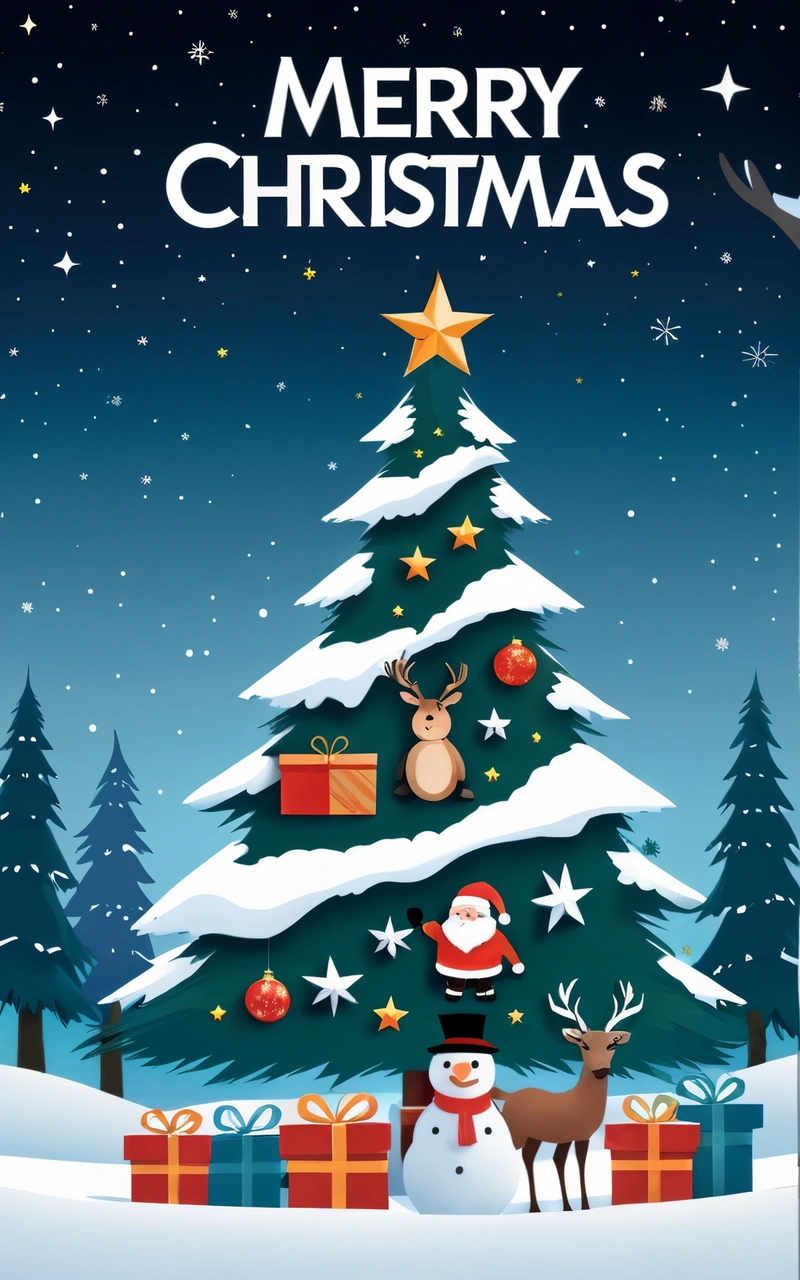 A Christmas tree with presents and a snowman in front of it with a star on top of it and a reindeer standing in front of it, plain background, a digital rendering, naive art