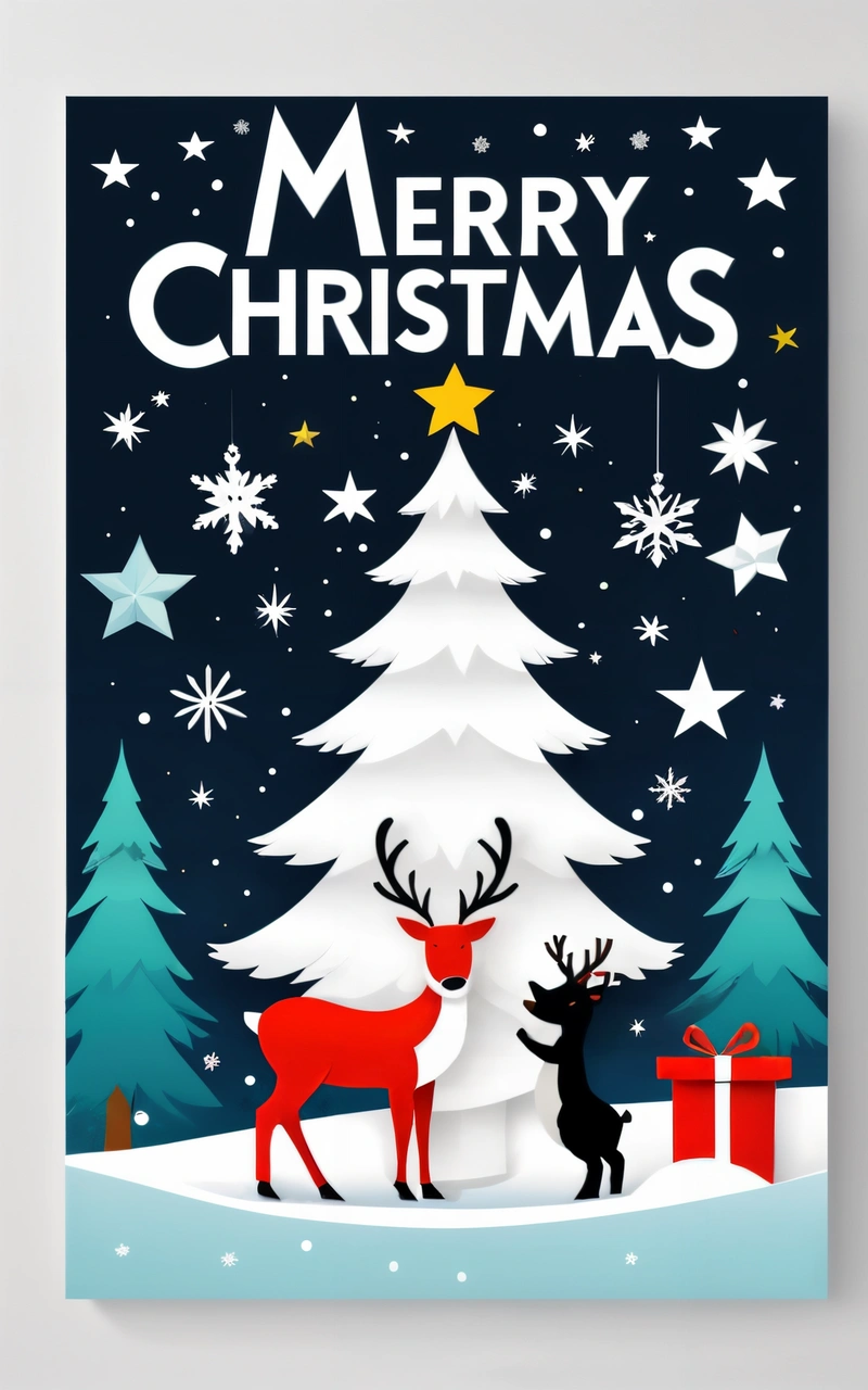 A Christmas card with a reindeer and a tree in the snow with stars on it and a star on the top of the card says Merry Christmas, poster, poster art, naive art