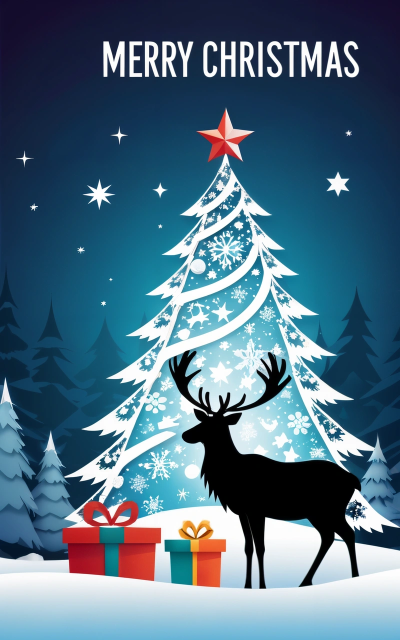 A Christmas card with a reindeer and presents under a Christmas tree with a star on top of it and a star on the top of the tree, plain background, a digital rendering, folk art