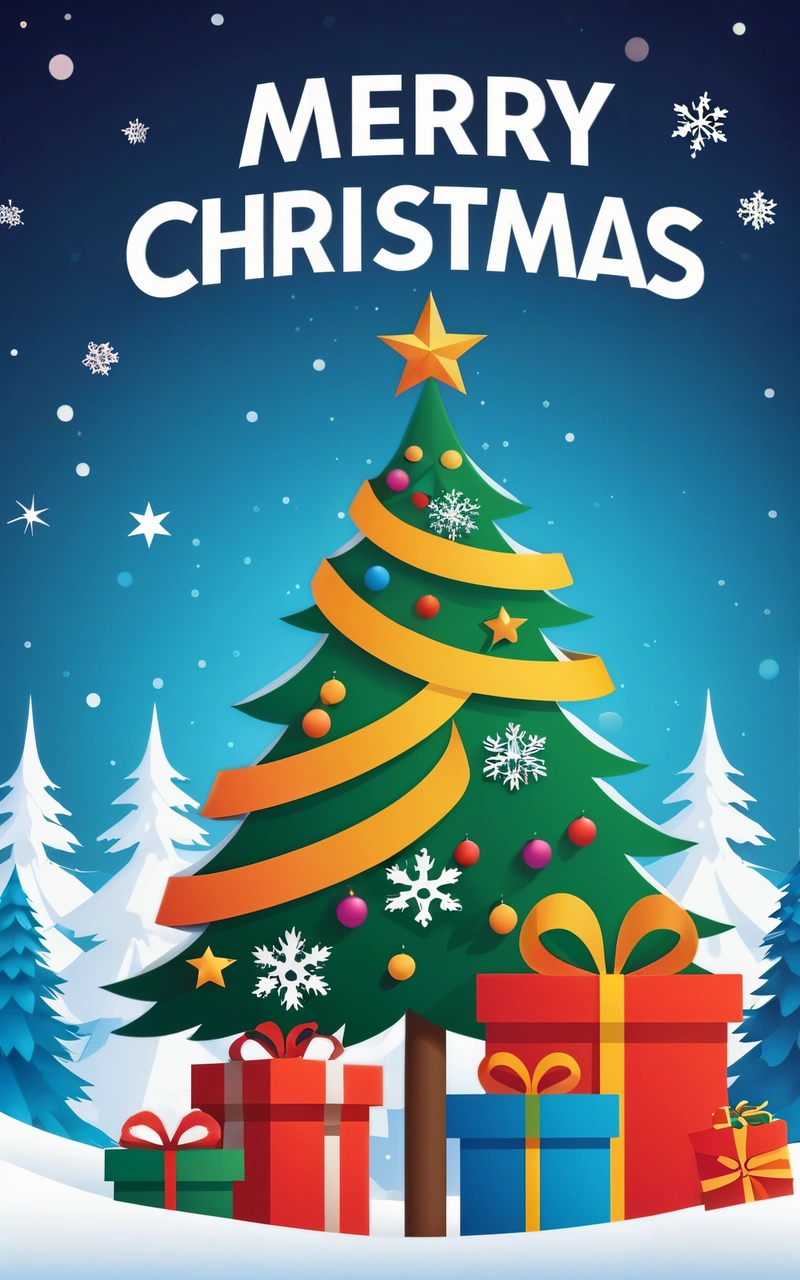 A Christmas tree with presents under it and a Merry message on the top of it, with snowflakes and stars on the bottom, plain background, a digital rendering, naive art