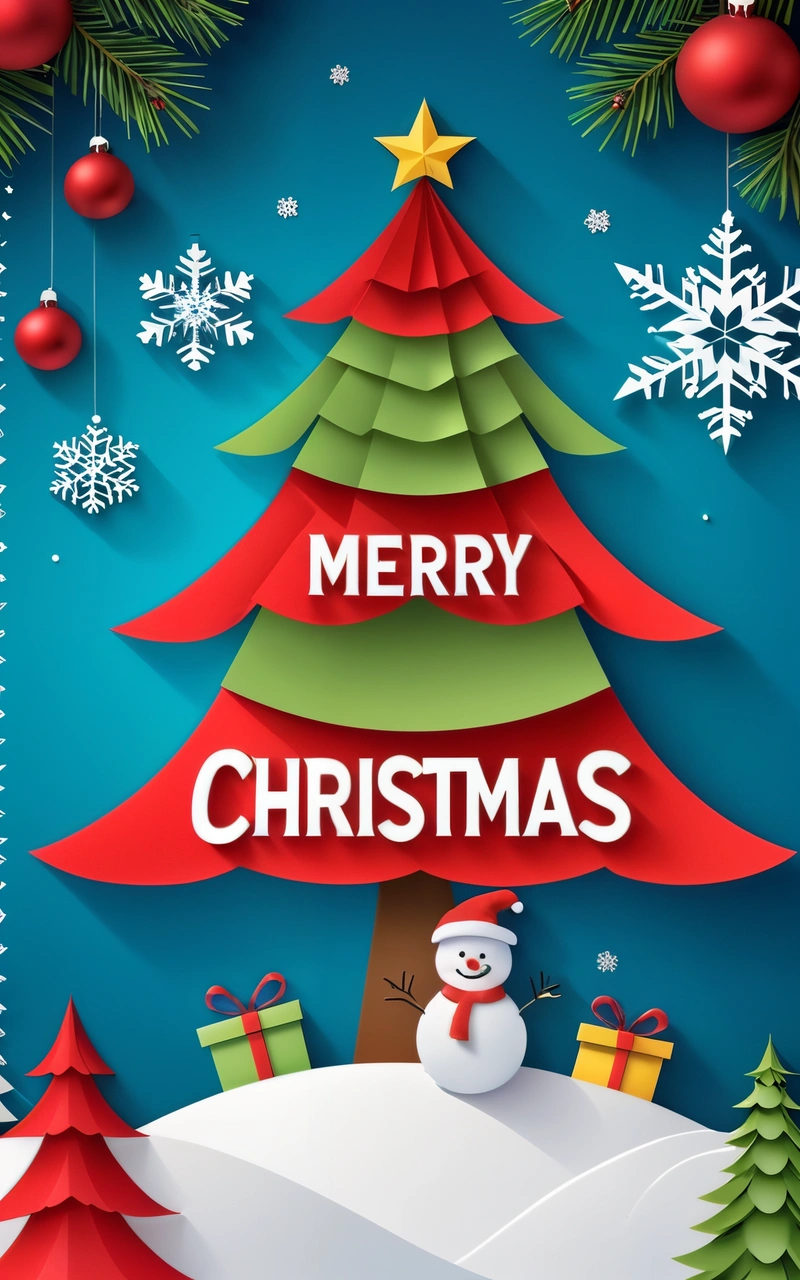 A Christmas card with a snowman and a Christmas tree on it, and a Merry message on the bottom of the card, and a snowman in the bottom corner, plain background, a digital rendering, naive art