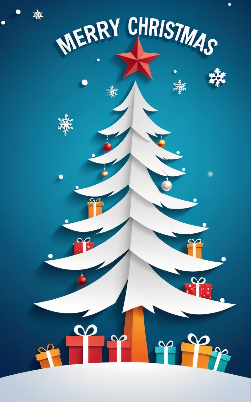 A Christmas tree with presents under it and a Merry message on the top of it, with a star on top of it, and a blue background with snowing, plain background, a digital rendering, naive art