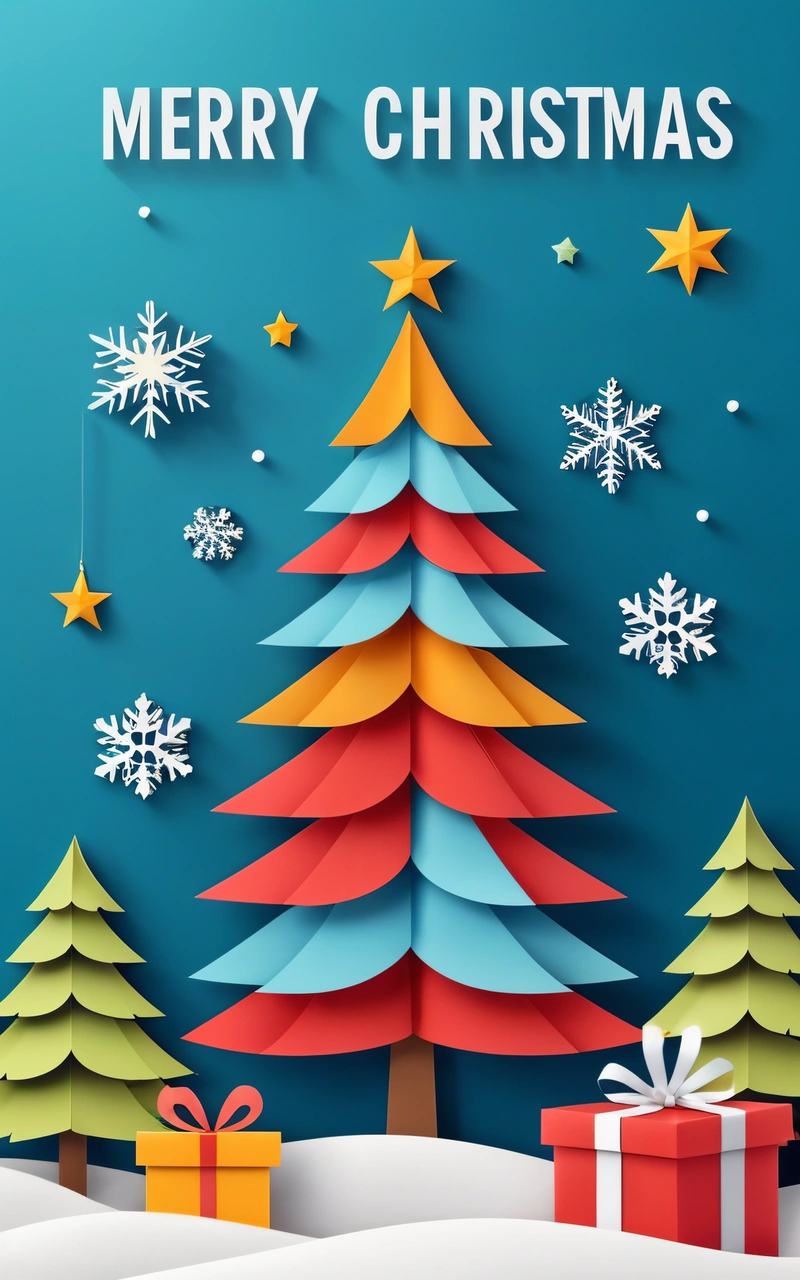 A Christmas card with a paper cut Christmas tree and presents under a blue background with snowflakes and stars, and a Merry Christmas message, plain background, a poster, naive art