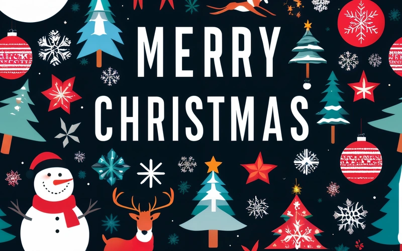 A Merry Christmas card with a snowman and reindeer surrounded by Christmas trees and snowflakes on a black background with a Merry message, plain background, a digital rendering, international typographic style