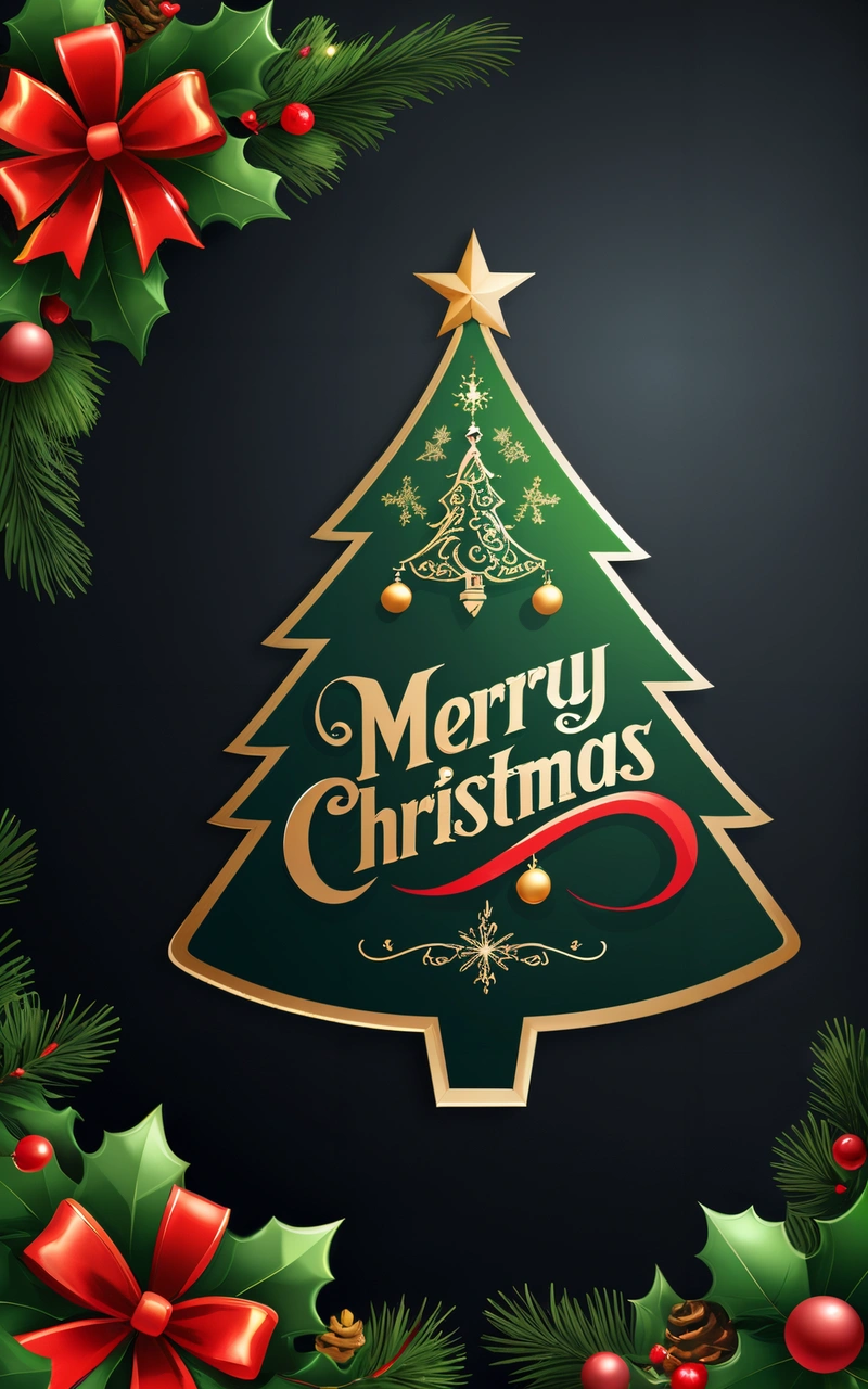 A Christmas tree with a Merry message on it and a red ribbon around it, surrounded by holly and red bows, on a black background with a, dark background, a digital rendering, naive art