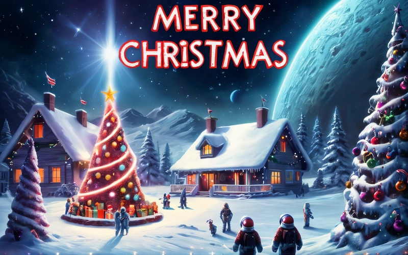 A Christmas scene with a lit up Christmas tree and a small house with a Christmas tree on it and people walking around it in the snow, space, a digital rendering, space art