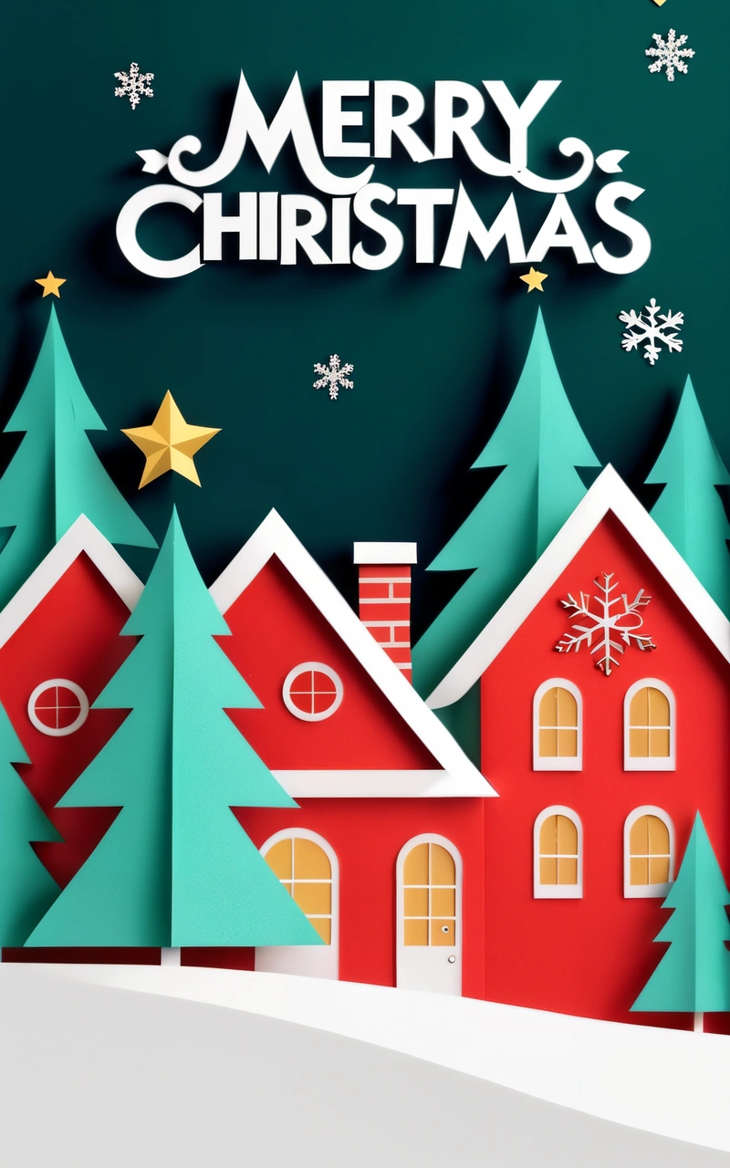 A Christmas card with a house and trees in the snow and a star on top of it, and a Merry Christmas message below it, poster, a poster, naive art