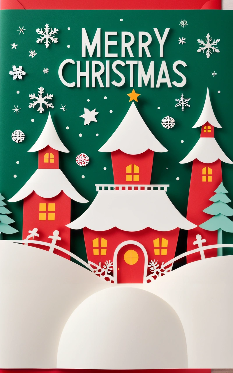 A Christmas card with a red house and snow on it, and a green background with white snowflakes and a red and white snowman, book cover, a digital rendering, naive art