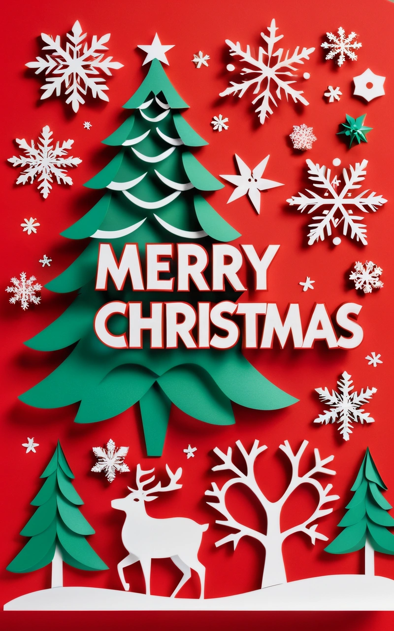 A Christmas card with a paper cut out of a tree and snowflakes on a red background with Merry Christmas written in white letters, paper texture, a poster, international typographic style