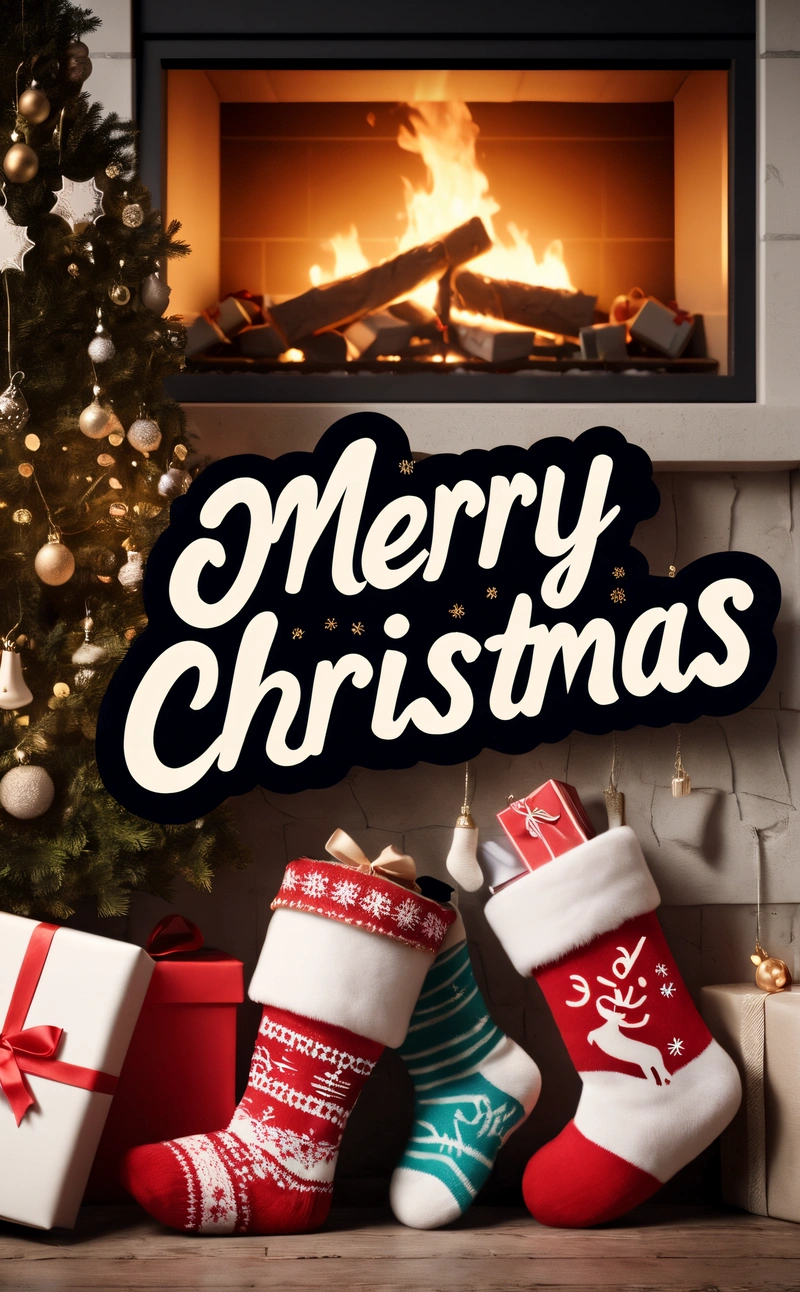 A fireplace with stockings and stockings next to it and a Christmas tree with presents underneath it and a Merry Christmas sign above it that says, 4k uhd image, a digital rendering, computer art