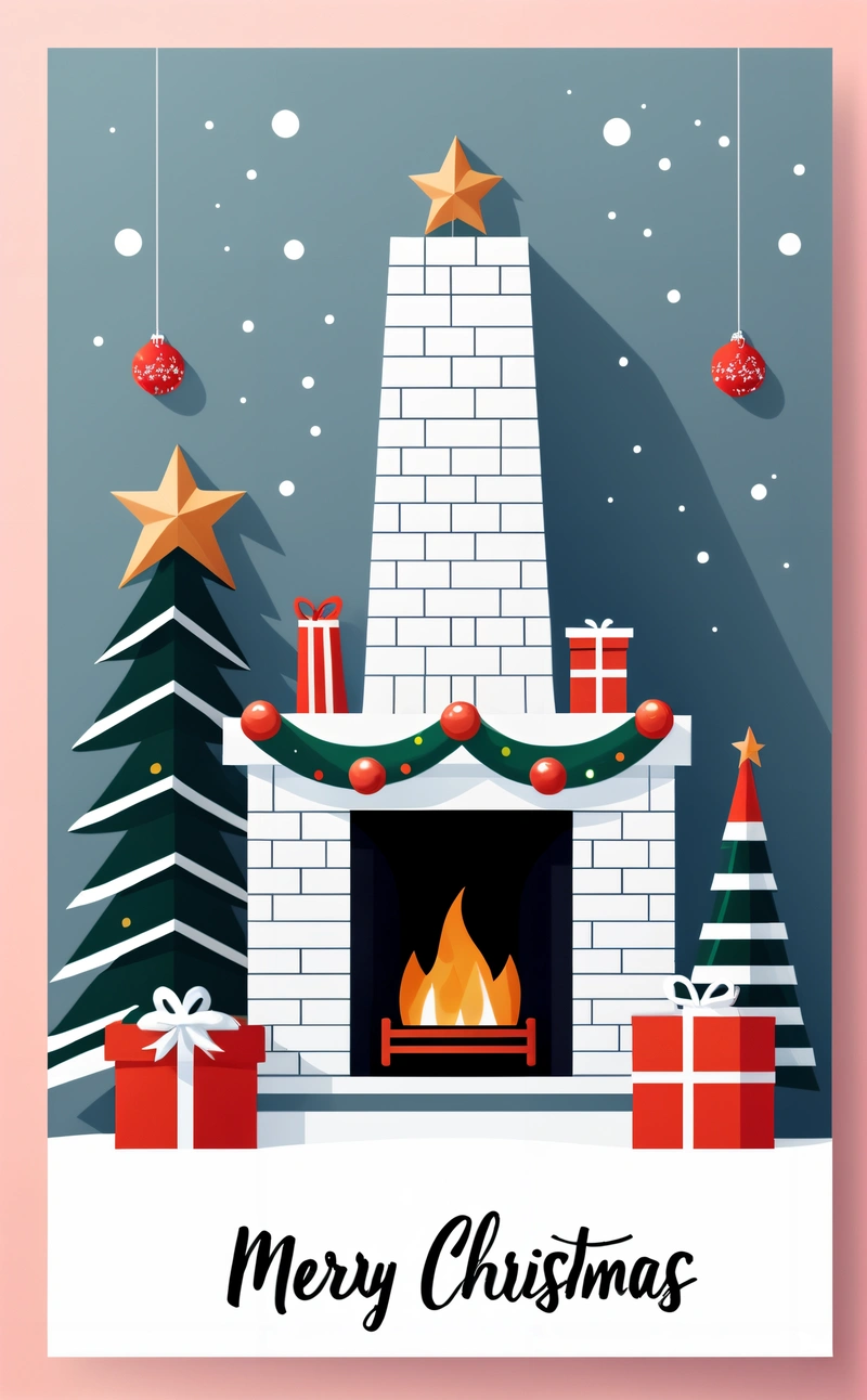 A Christmas card with a fireplace and presents on it, and a Merry Christmas message below it, on a pink background with a red and white border, plain background, a digital rendering, folk art