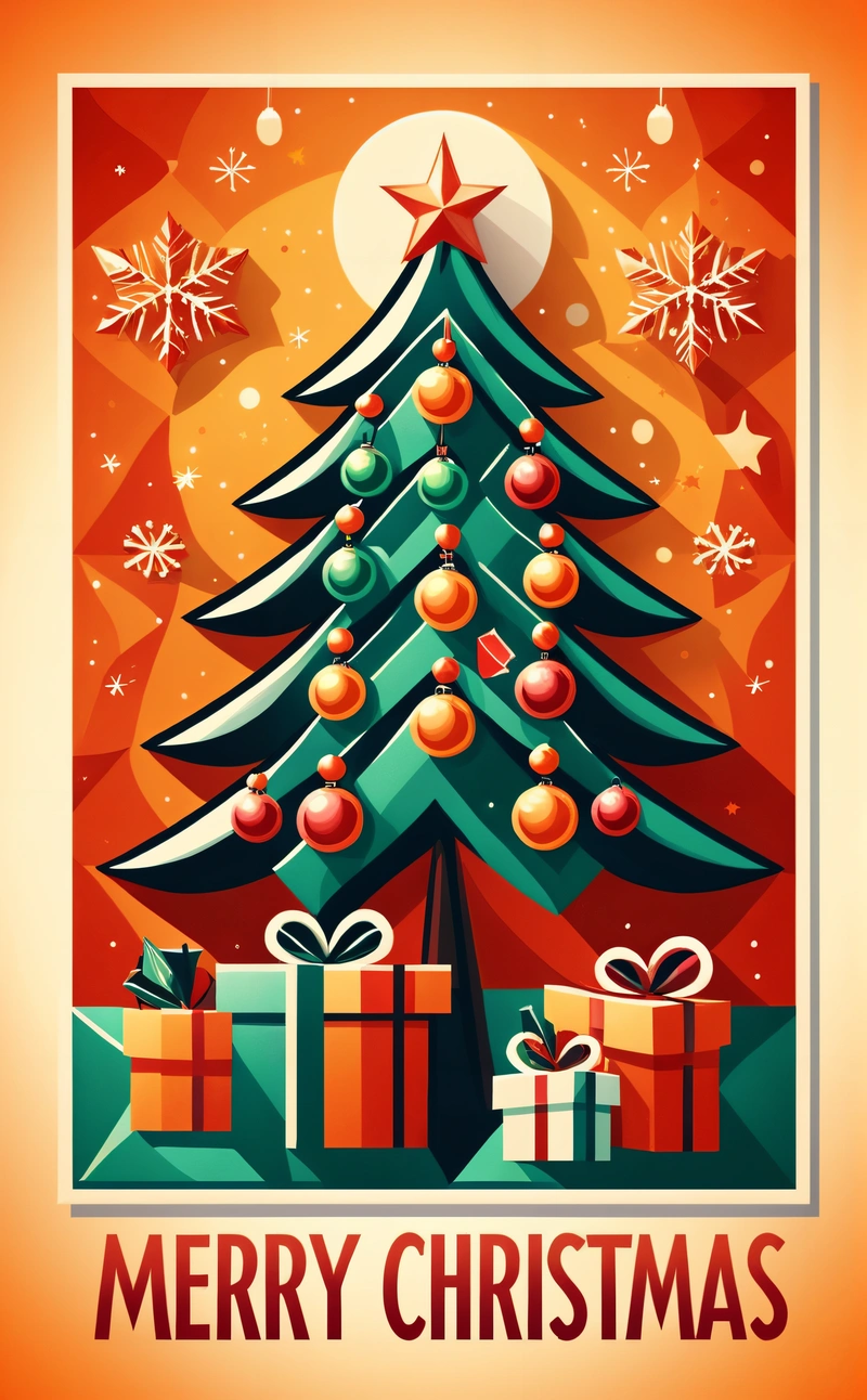 A Christmas tree with presents under a star and a full moon in the background with a Merry Christmas message below it, on a red background, poster, a digital rendering, naive art