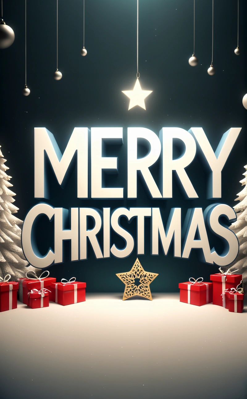 A Merry Christmas message with presents under a Christmas tree and a star hanging from the top of the letters, with a background of Christmas trees and presents, 4k uhd image, a digital rendering, computer art