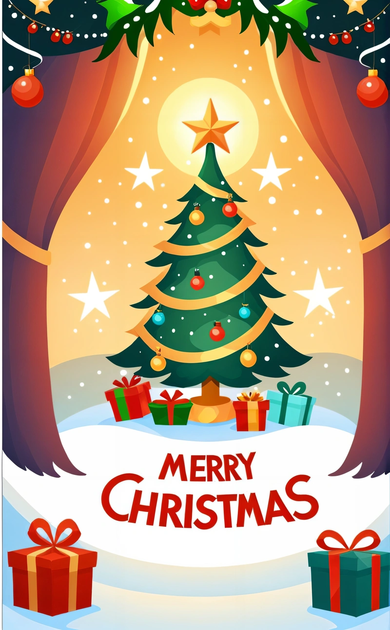 A Christmas card with a Christmas tree and presents under a tree with a star on top of it and a Merry message below it that reads Merry Christmas, plain background, a digital rendering, naive art