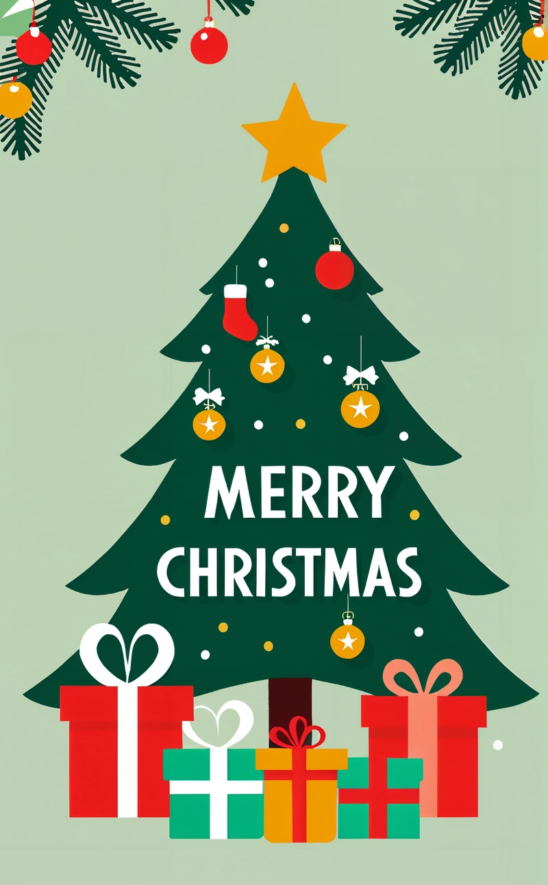 A Christmas tree with presents under it and a star on top of it, with Merry Christmas written on the top of it and below, plain background, a digital rendering, naive art