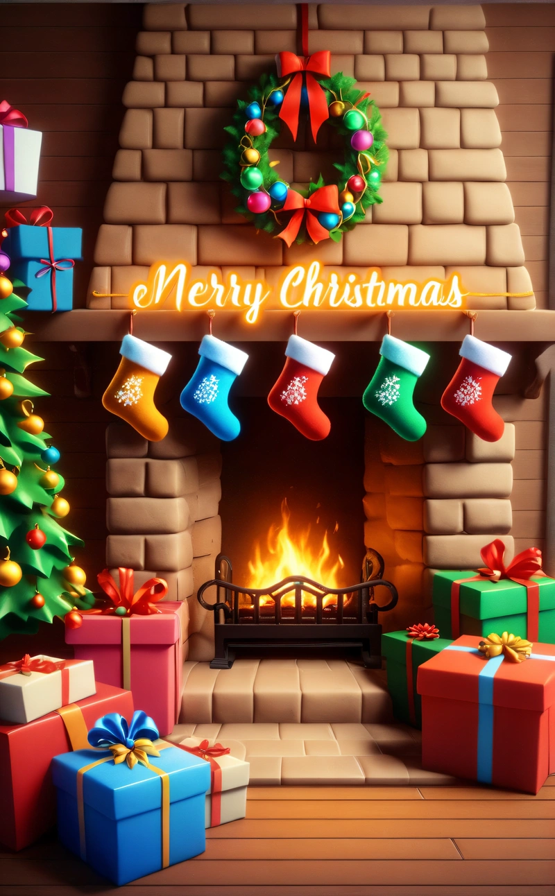 A fireplace with presents and a Christmas tree with a Merry sign above it and a fireplace with a lit fireplace and a wreath with a wreath, unreal engine 5 quality render, a 3d render, computer art