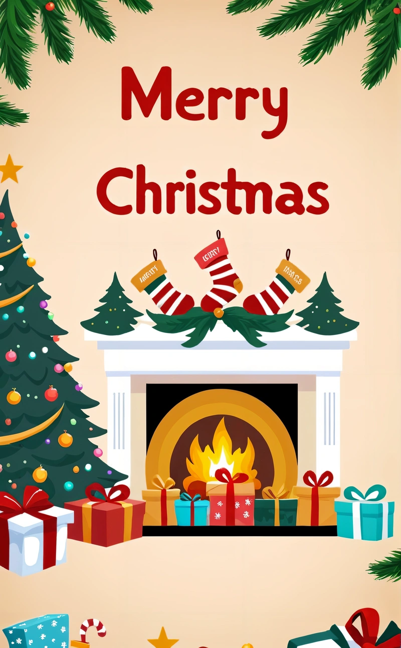 A Christmas card with presents and a fireplace with a Merry Christmas tree in the background and a fire place with presents on the mantle and, poster, a digital rendering, naive art