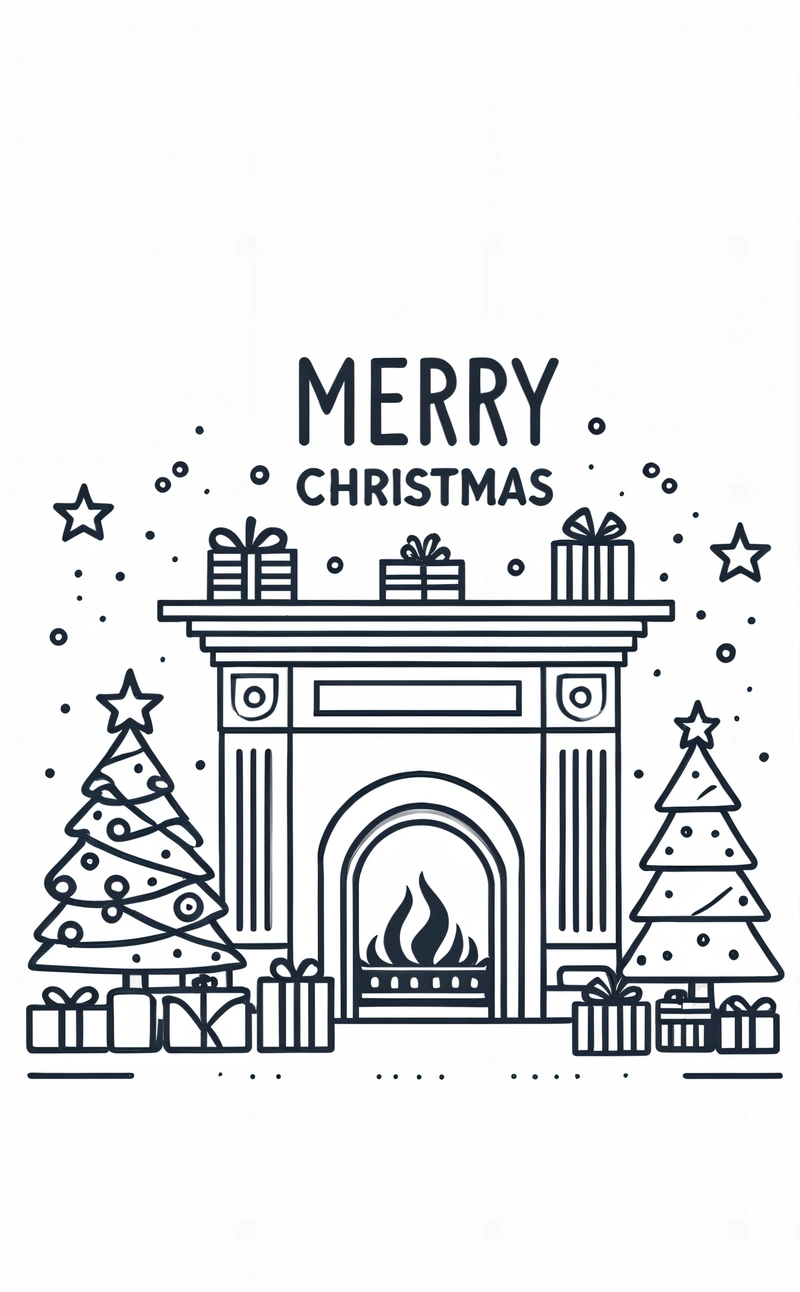 A Christmas card with a fireplace and presents on it, and a Merry Christmas message above it, in black and white, with a line drawing of a fireplace, smooth and clean vector curves, a digital rendering, lyco art