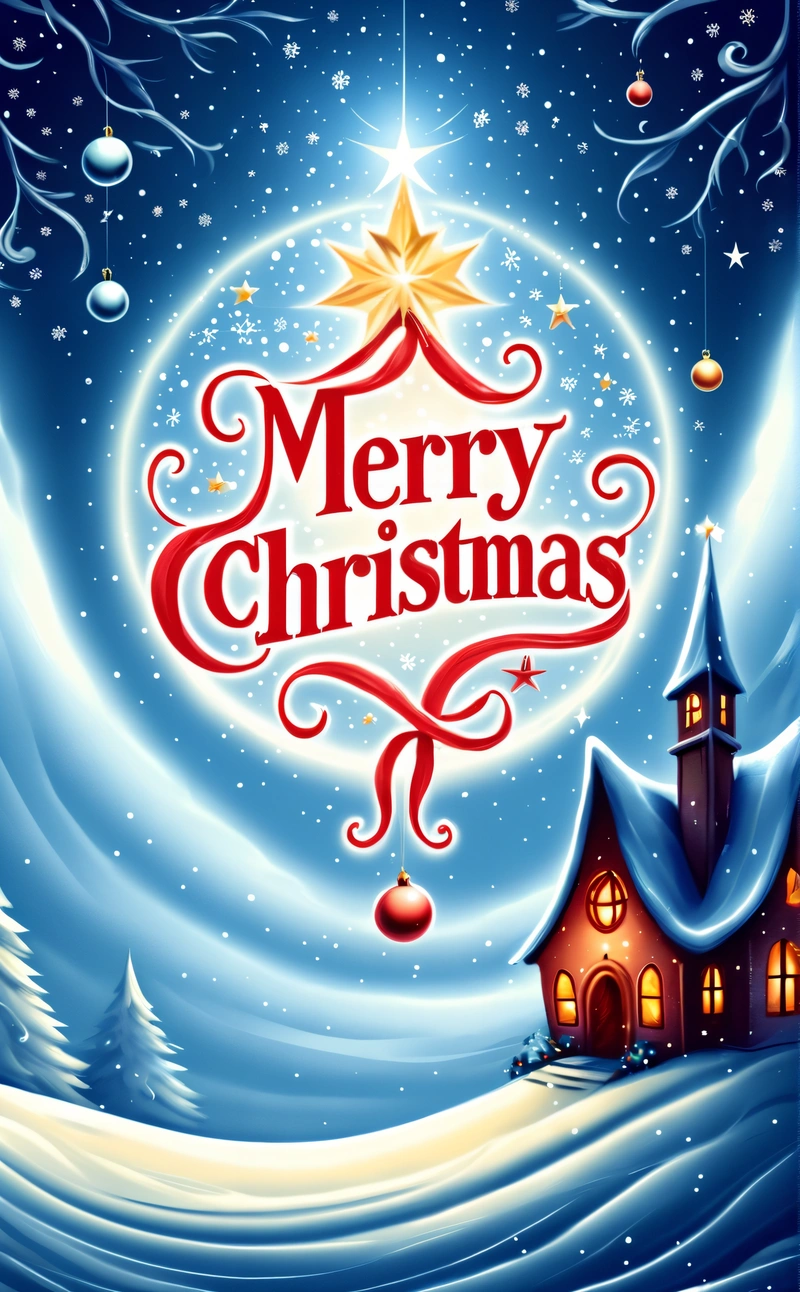 A Christmas card with a church and a star on it in the snow with a blue sky background and a white snow covered hill with snow, plain background, a digital rendering, naive art