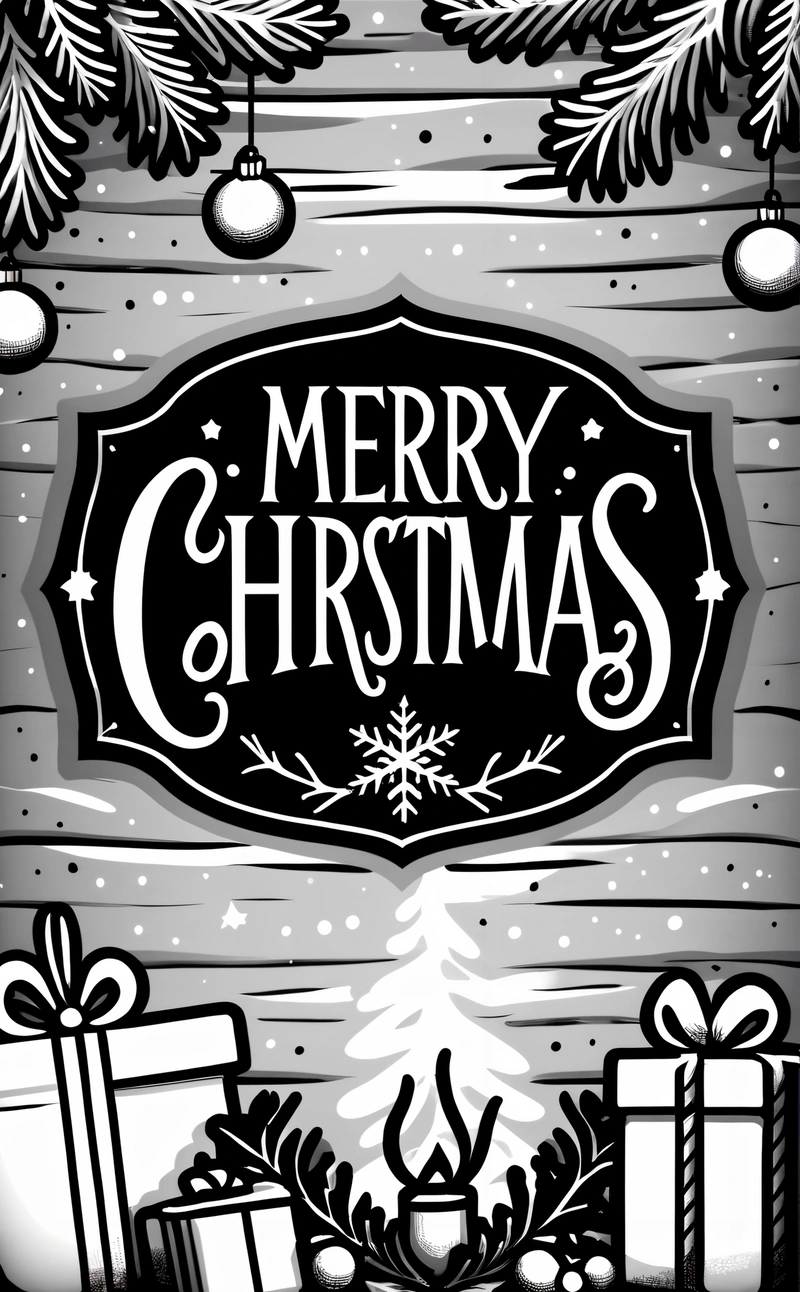 A Christmas card with presents and presents under a tree with a Merry sign above it that says Merry Christmas on a black background with snow, plain background, a digital rendering, naive art