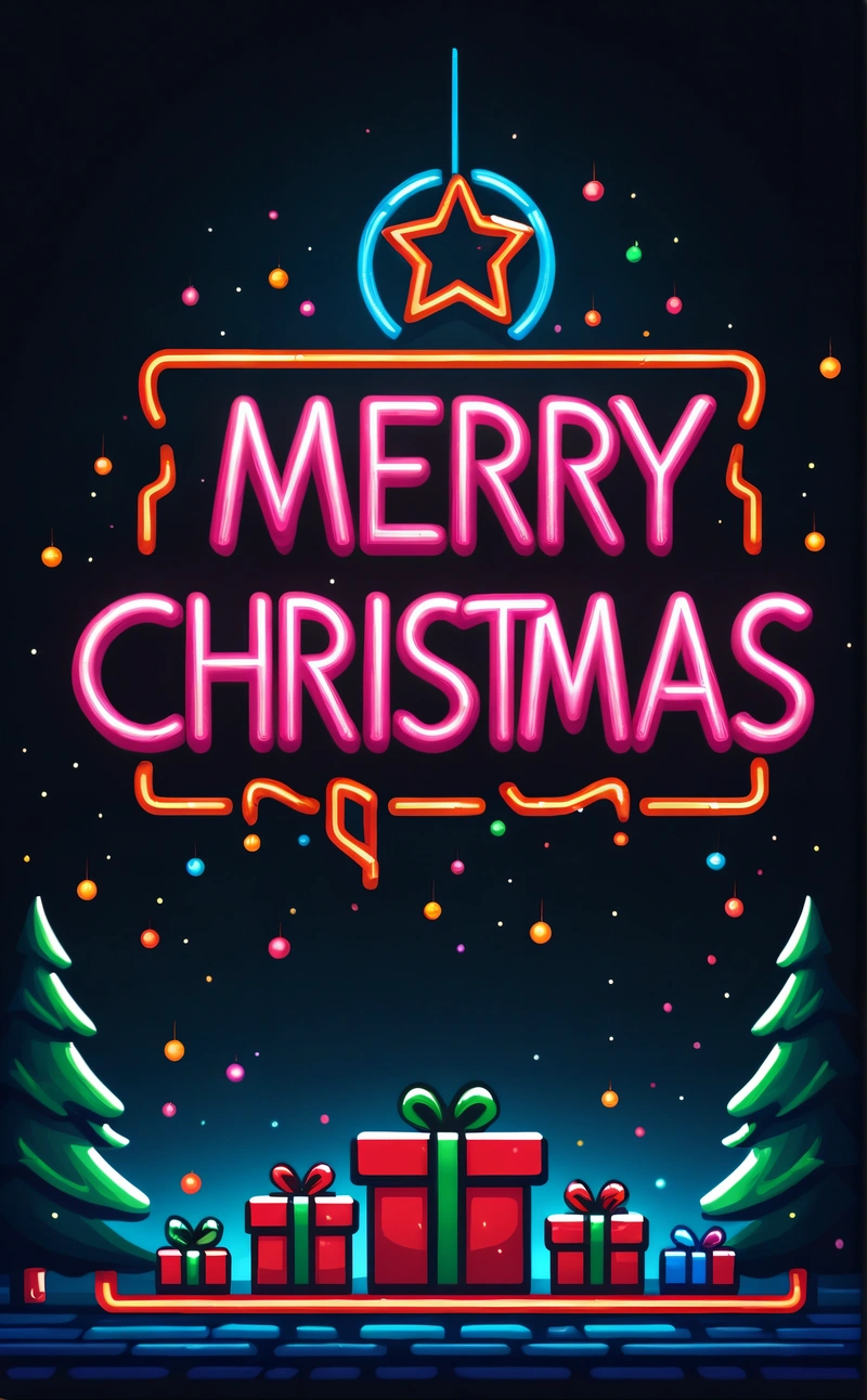 A neon sign that says Merry Christmas with presents in front of it and a Christmas tree with presents underneath it and a star above it, dark background, vector art, computer art