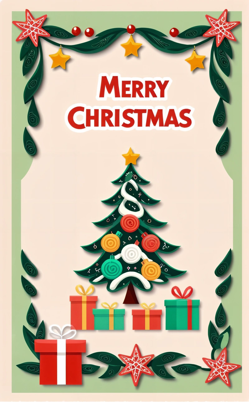 A Christmas card with a Christmas tree and presents on it, and a star and ribbon around the tree, and a Merry Christmas message, plain background, a digital rendering, naive art