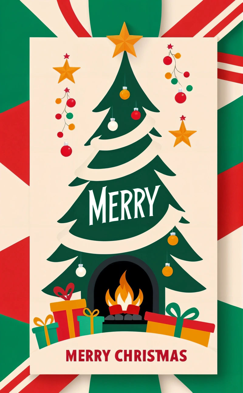 A Christmas card with a fireplace and presents on it, with a Merry message in the center of the card, and a Christmas tree with a star, colorful flat surreal design, a digital rendering, international typographic style