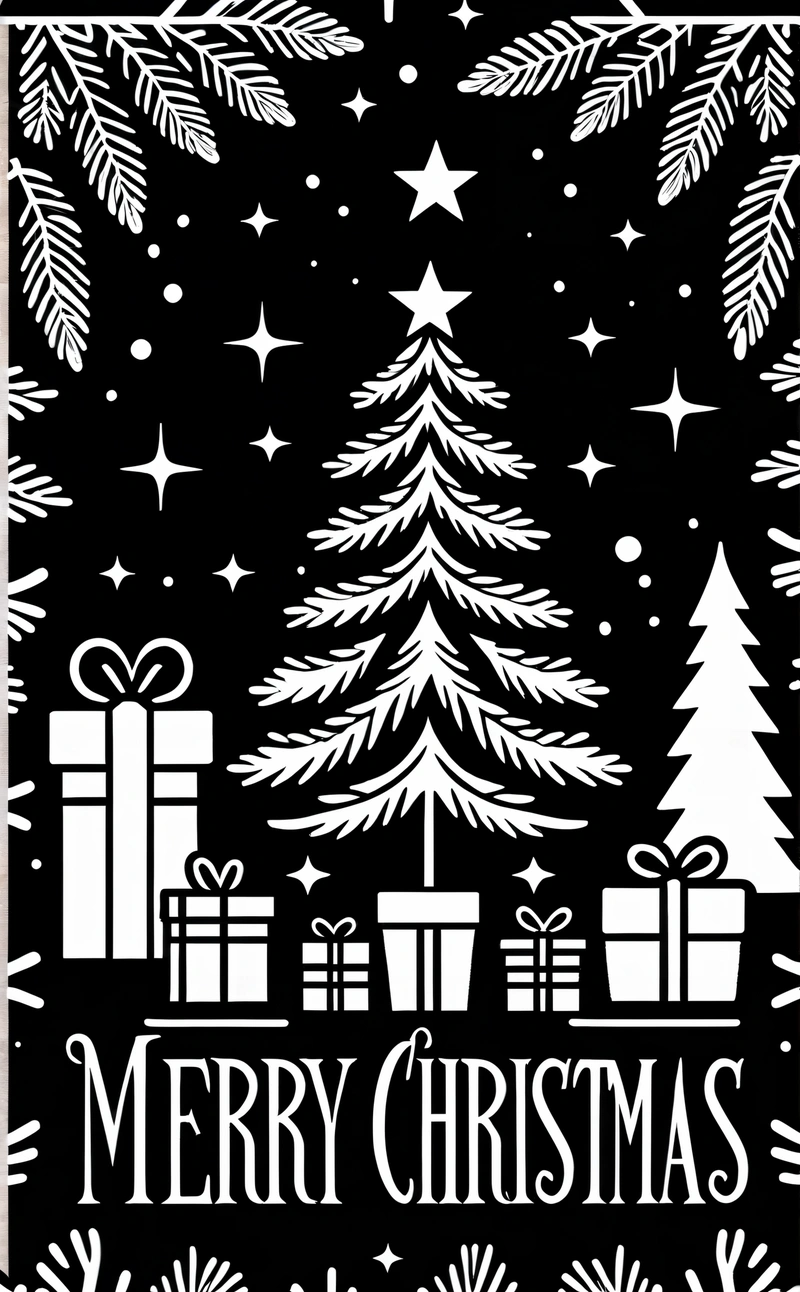 A black and white Christmas card with presents and trees on it, with a Merry Christmas message in the center of the card, and a snowfloat, plain background, a silk screen, naive art