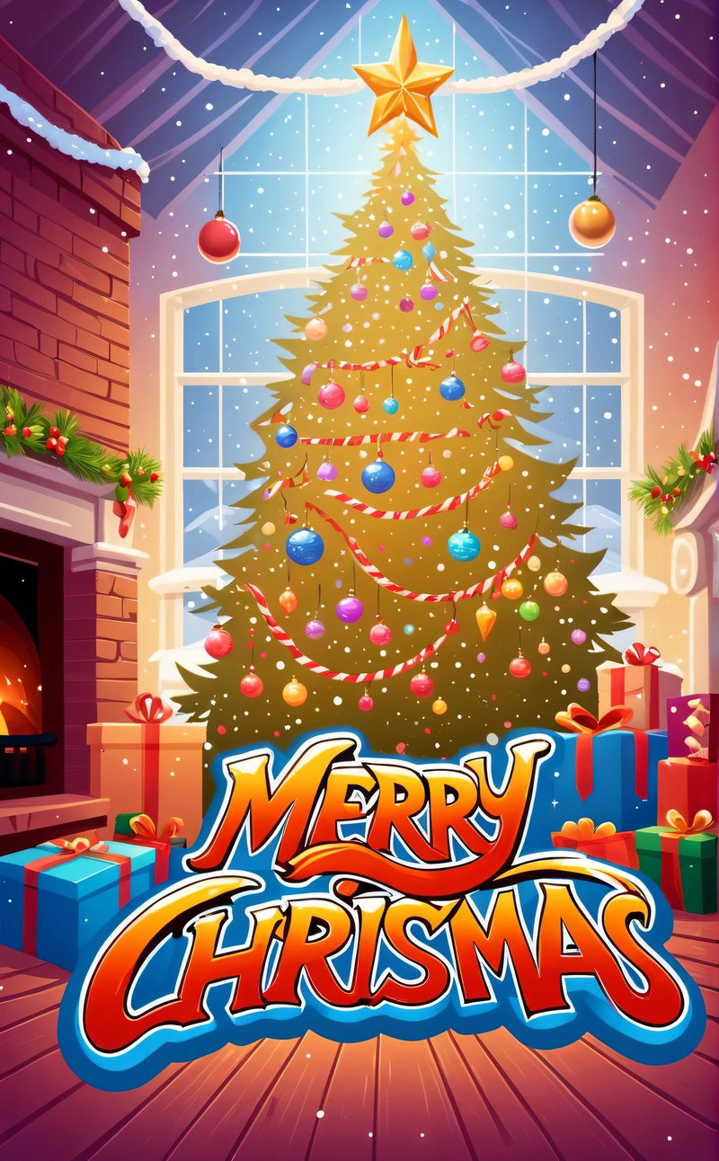 A Christmas tree with presents in front of a window with a Merry Christmas message on it and a star above it, in a room with a fireplace, for aaa game, a digital rendering, naive art