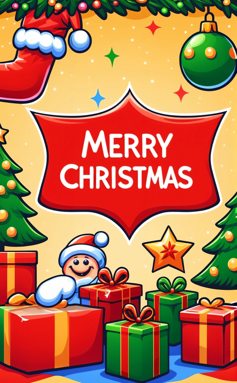 A Christmas card with a santa clause and presents under a Christmas tree with a Merry sign above it and a star above it with a snowman, plain background, a digital rendering, naive art