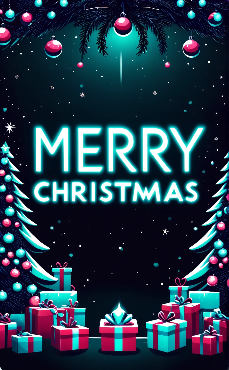 A Christmas poster with presents under a tree and a Merry message below it that reads Merry Christmas with a blue background and a green and red, dark background, computer graphics, computer art