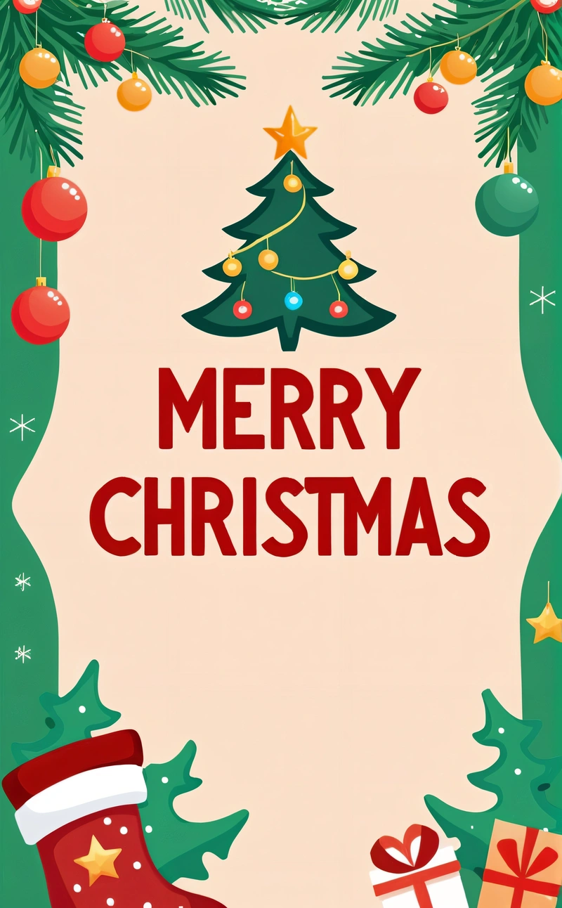 A Christmas card with a Christmas tree and presents on it, and a Merry Christmas message below it that reads Merry Christmas, with a stocking, plain background, a digital rendering, naive art