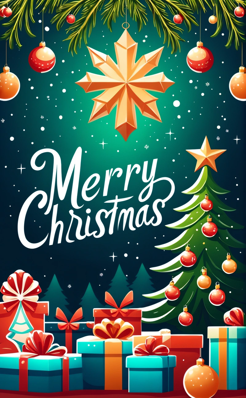 A Christmas card with presents under a tree and a star on top of it, with a Merry Christmas message below it, and a snowflaked, plain background, a digital rendering, naive art