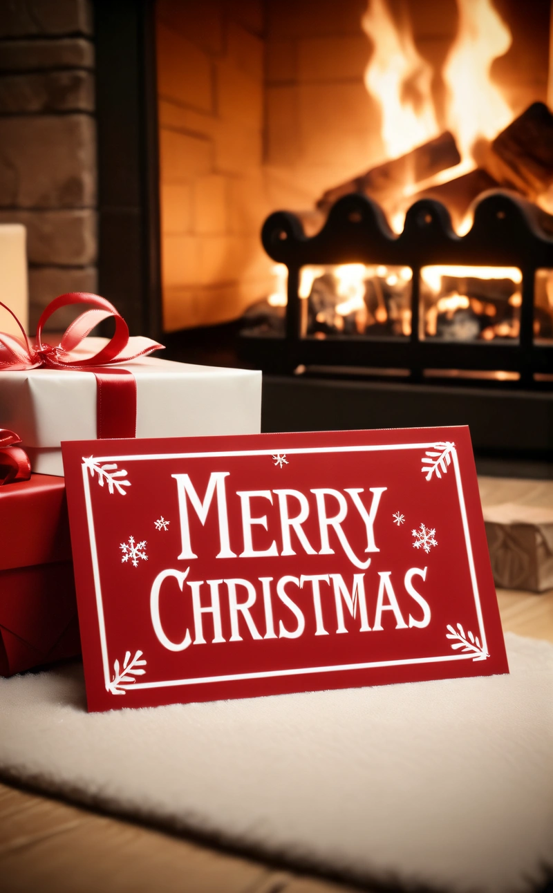 A red Merry Christmas sign sitting next to a fireplace with presents on it and a fireplace in the background with a lit fireplace in the background, 4k uhd image, a digital rendering, dau-al-set