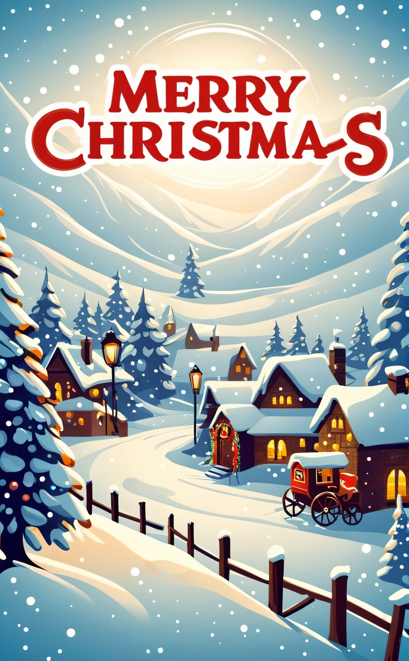 A snowy Christmas scene with a house and a horse drawn carriage in the foreground and a full moon in the background with a snowy sky, book cover, a poster, naive art