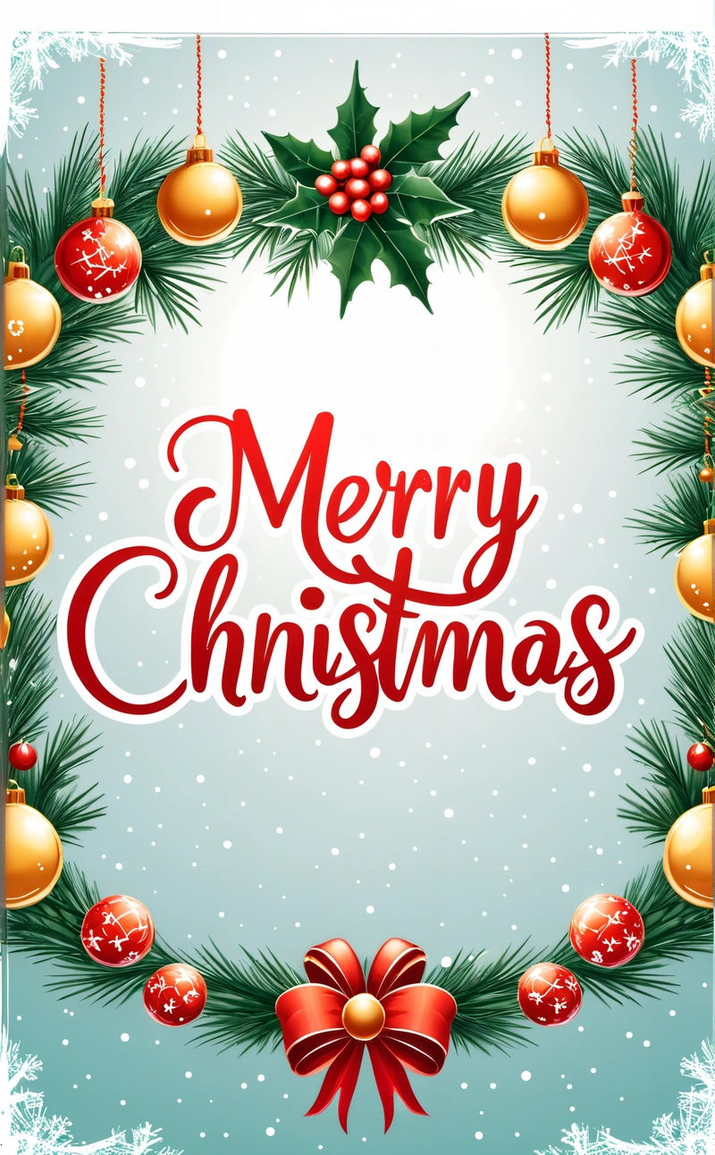 A Merry Christmas card with a wreath and ornaments on it, and a bow on the front of the card, with a snowflaked background of snow and mist, plain background, a digital rendering, naive art