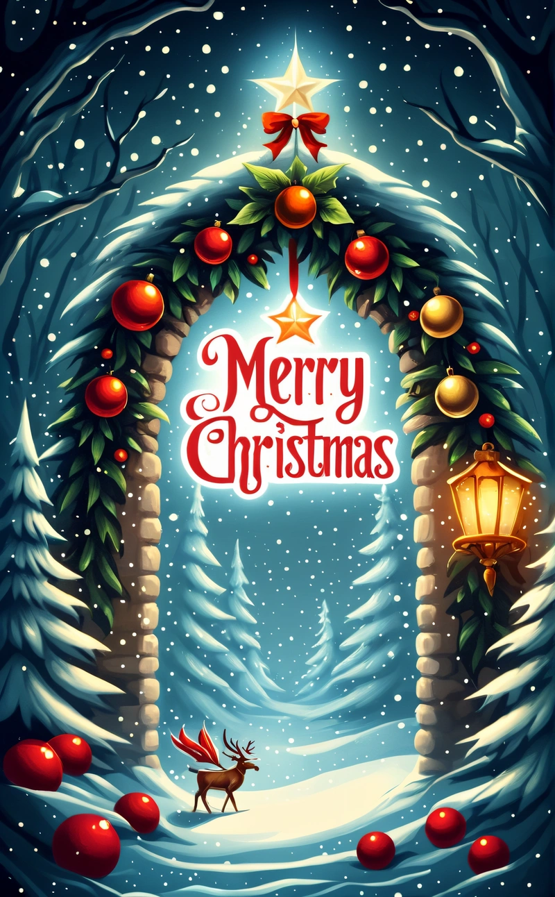 A Christmas card with a deer and a lantern in the snow under a Christmas tree with a Merry Christmas sign above it and a lantern, dark background, a digital rendering, naive art