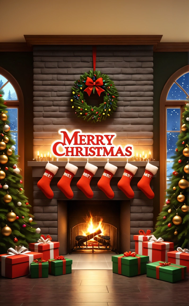 A fireplace with stockings and stockings hanging from it's mantle and a Christmas sign above it with a wreath and stockings hanging from the fireplace, behance hd, a digital rendering, naive art