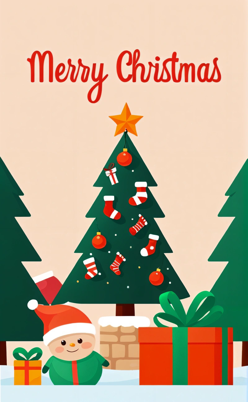 A Christmas card with a small child next to a Christmas tree and presents on the ground with a Merry Christmas message on the bottom of the card, poster, a digital rendering, naive art