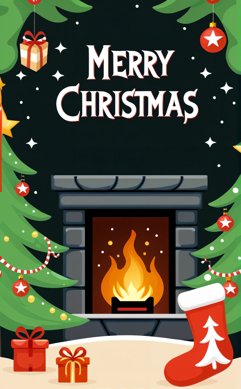 A Christmas card with a fireplace and stockings on it, with a Christmas tree in the background and a Merry Christmas message above it that reads Merry, plain background, computer graphics, naive art