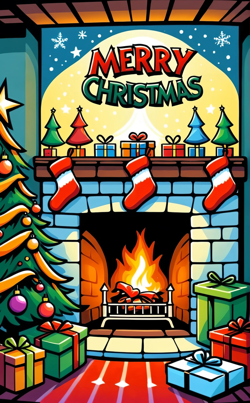 A Christmas fireplace with stockings and presents on it and a Christmas tree in the corner of the room with a lit fireplace and a Christmas tree, poster, a digital rendering, naive art