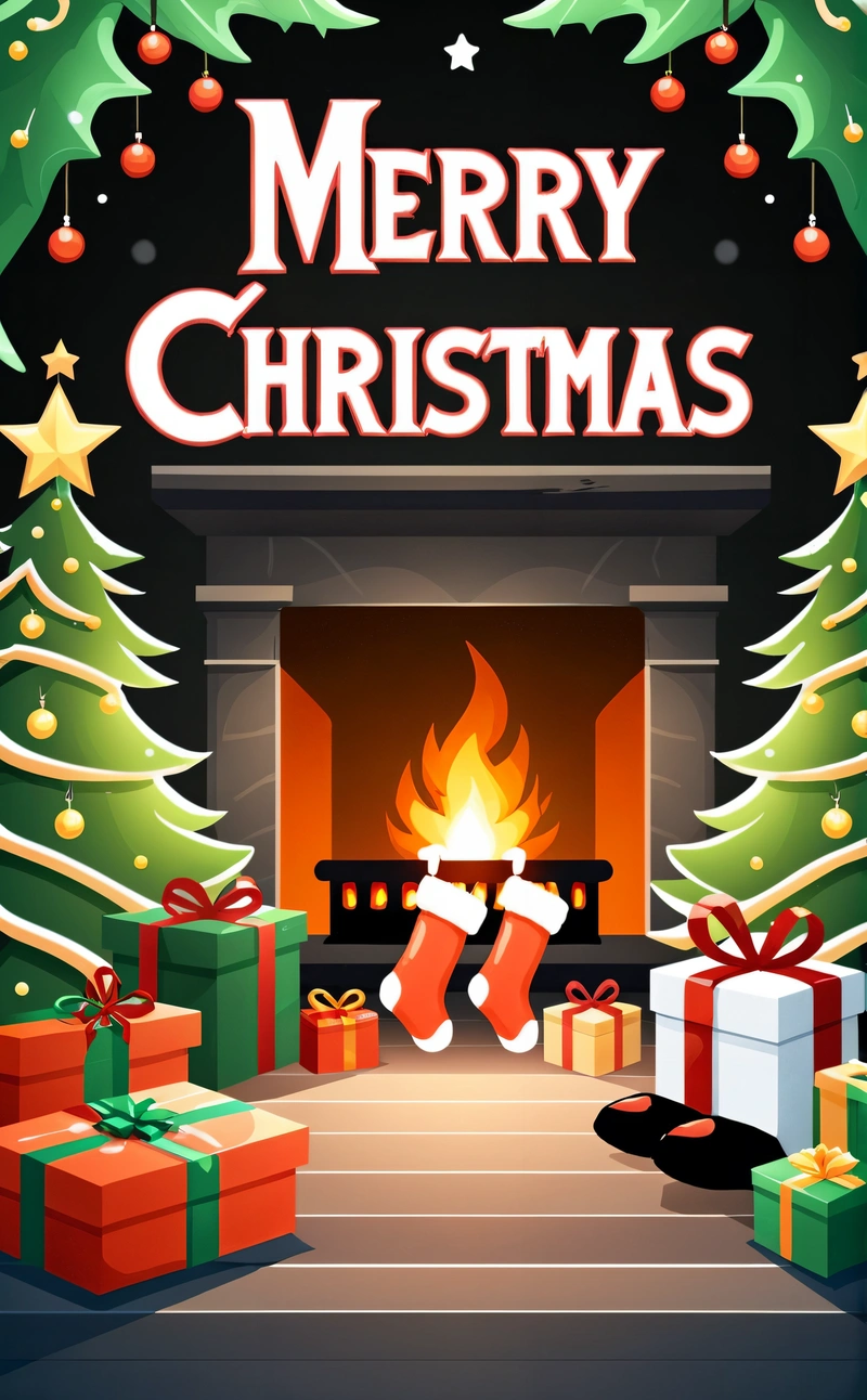 A Christmas card with a fireplace and presents under it and a Merry Christmas sign above it with a fire place and presents under the tree, book cover, a digital rendering, naive art