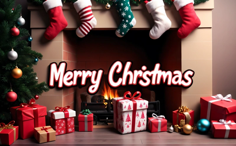 A fireplace with stockings and presents around it with a Merry Christmas message on it's side and a Christmas tree in the background with stockings, post processed, a digital rendering, computer art