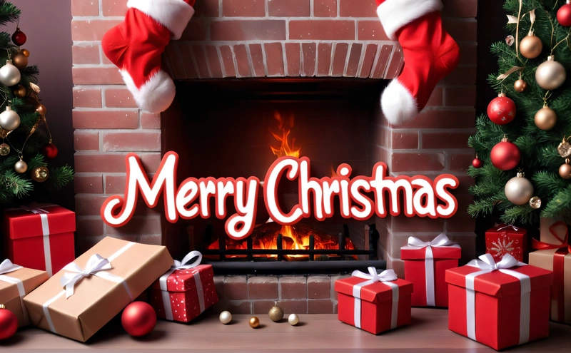 A fireplace with presents and a Christmas card in front of it with a Merry Christmas message on it and a fireplace with presents around it, post processed, a digital rendering, naive art